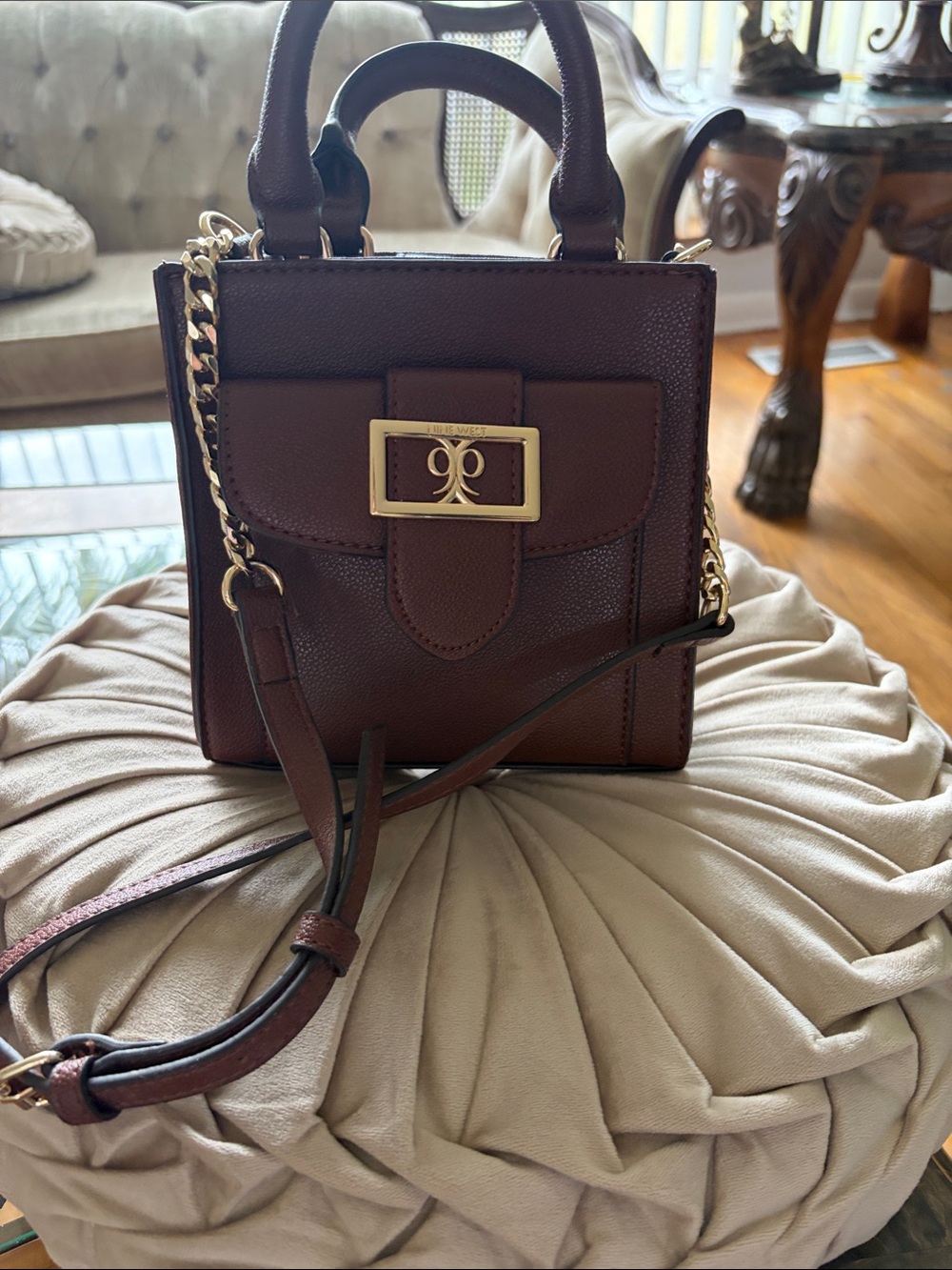 New Nine West Brown Top-Handle Crossbody Bag with Gold Hardware